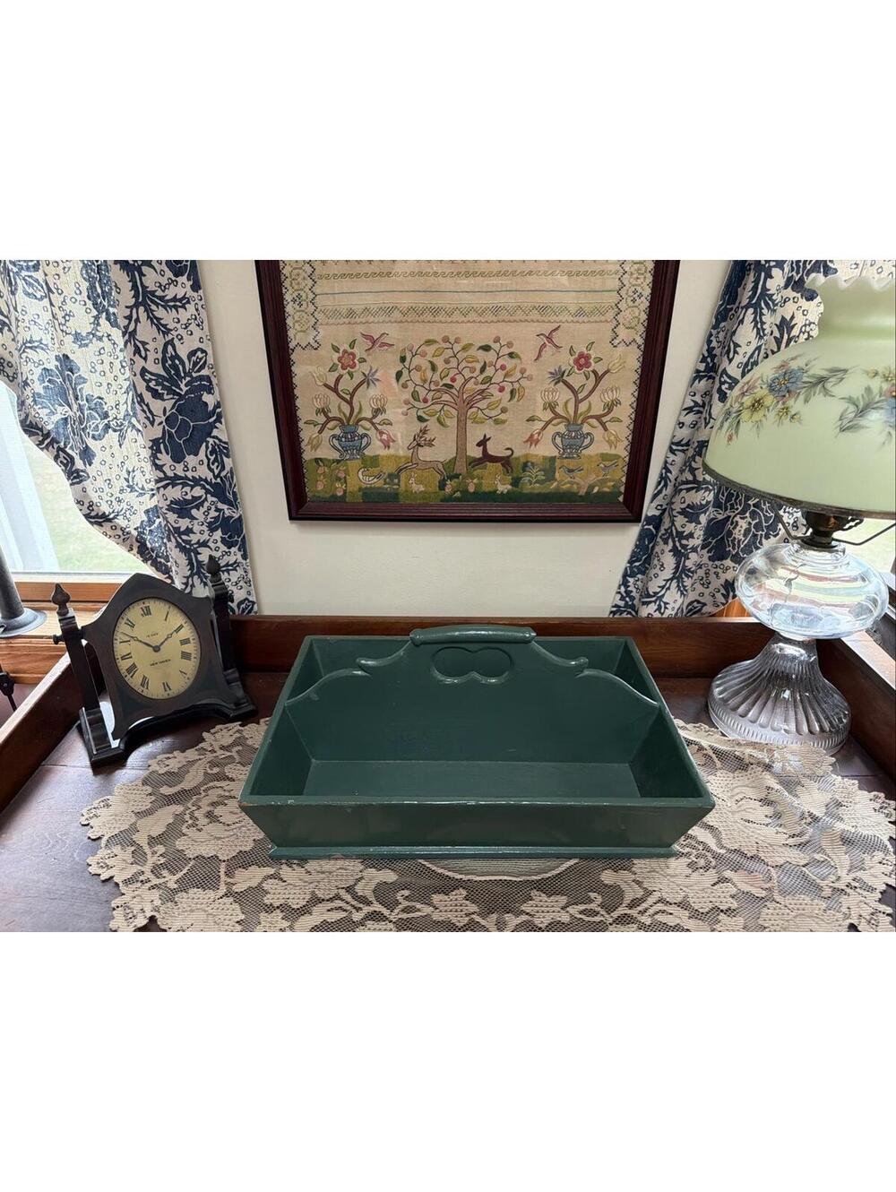 Antique wood cutlery caddy Green Paint utensil carrier Centerpiece Country Farm